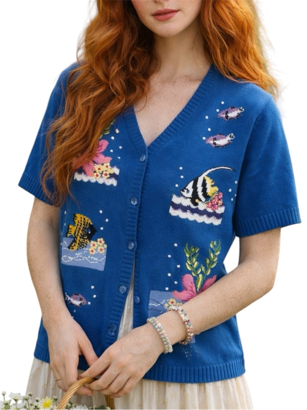 Vintage Tabi International Fish Embroidered Boho Cottagecore Cardigan Medium